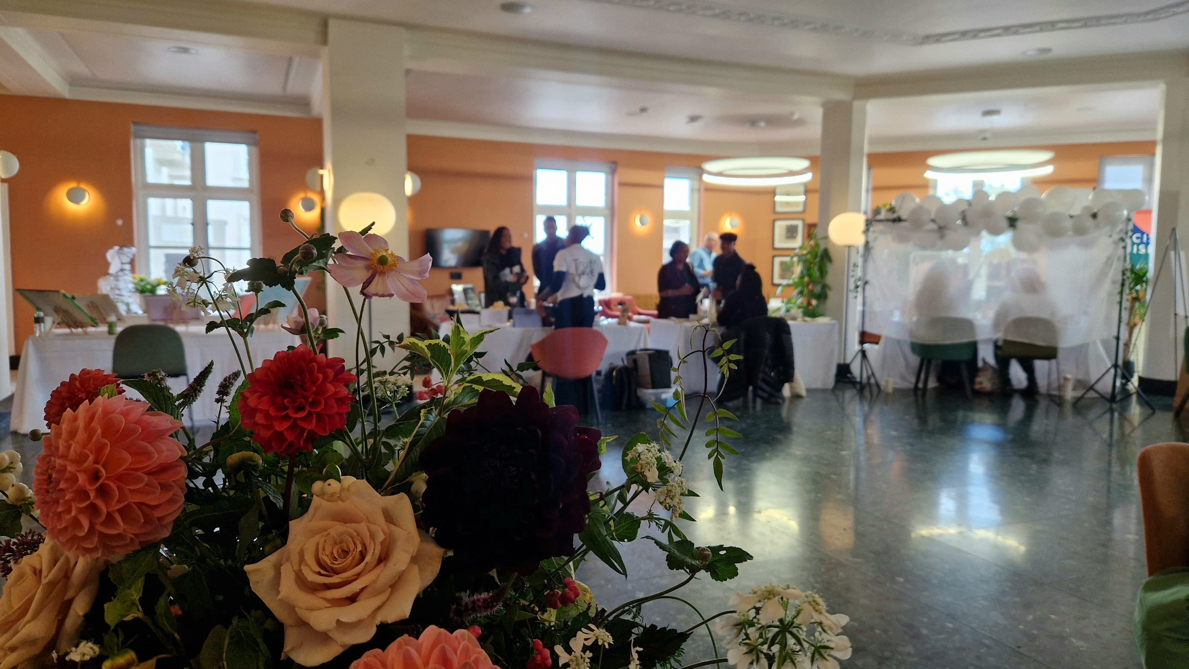 Flowers and stalls at wedding fair